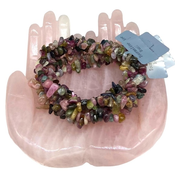 Tourmaline Gemstone Chips Beaded Stretch Bracelet Stone Boho Beads Green Pink - Picture 2 of 4